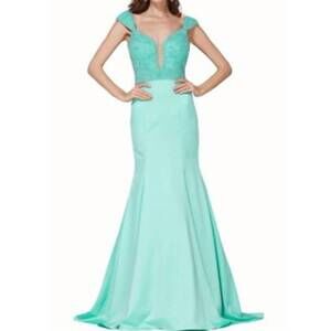 NEW ANGELA & ALISON satin beaded gown in aqua